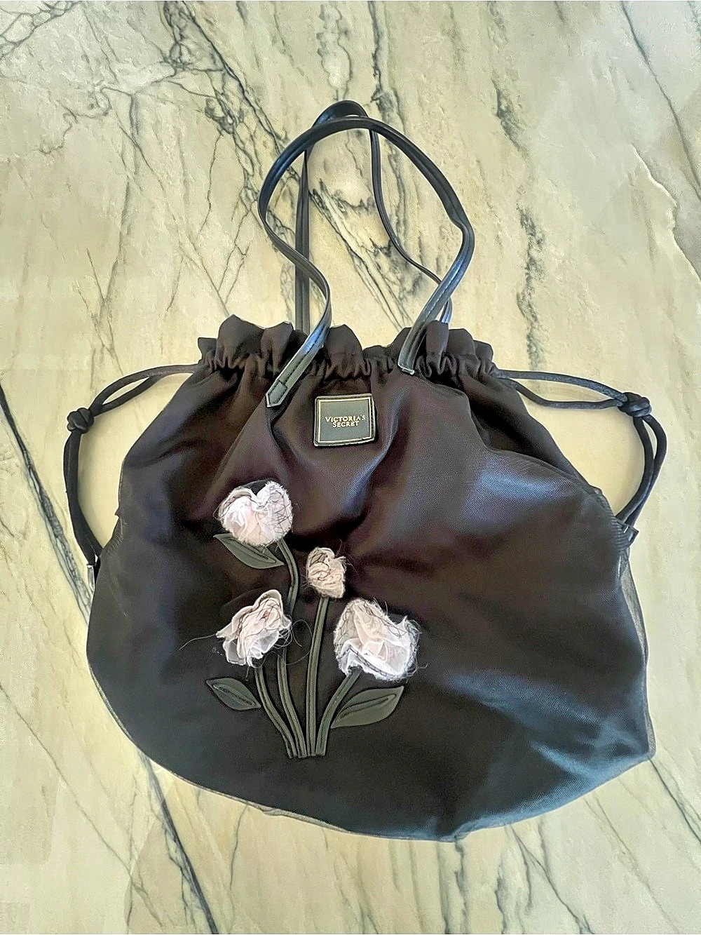Victoria's Secret Black Floral Applique Drawstring Shoulder Bag Tote Bag